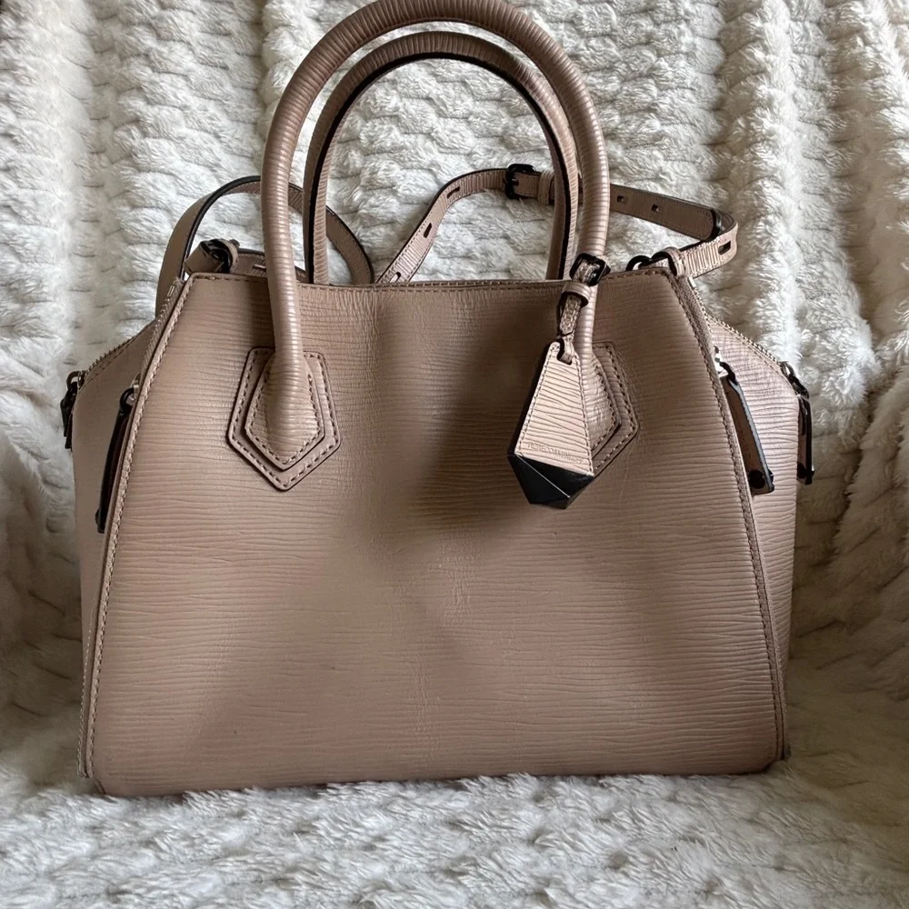 Rebecca Minkoff Beige Saffiano Leather Zip Tote Bag Wide Opening